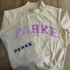PARKE Women's Yellow Mock Neck Sweatshirt With Pink Lettering